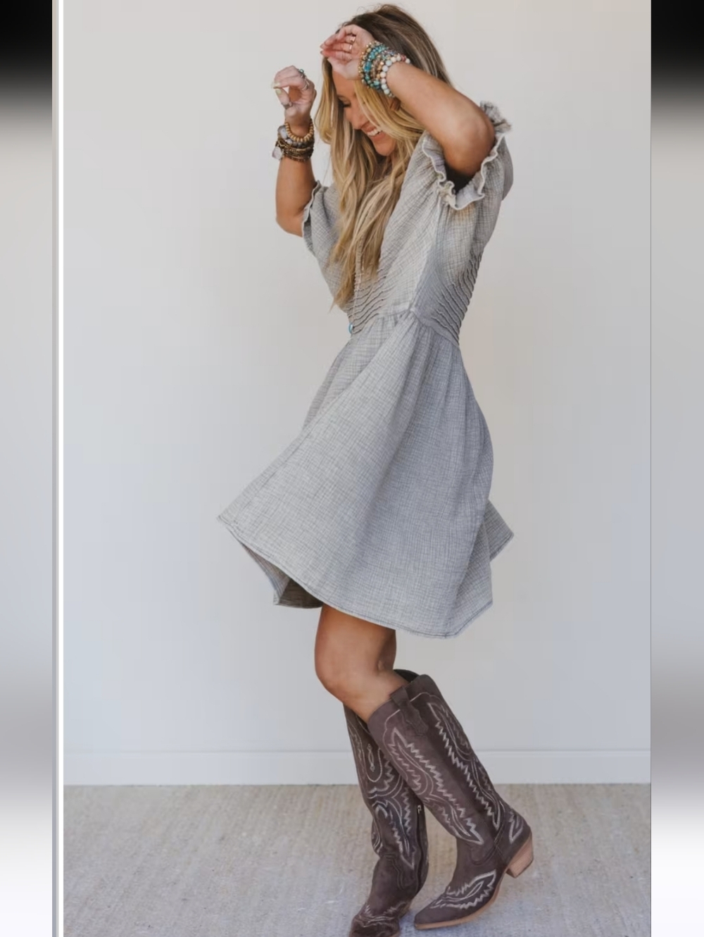 Three Bird Nest Mini Dress Quinn Puff Sleeve Oatmeal Boho Peasant Oversized S - Picture 5 of 16